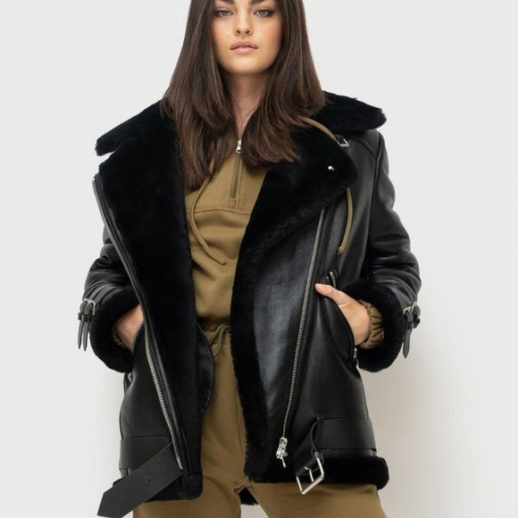 Ducie London Jackets & Blazers - NWOT DUCIE London Serena Shearling Fur Coat Biker Style Black Leather Jacket - L